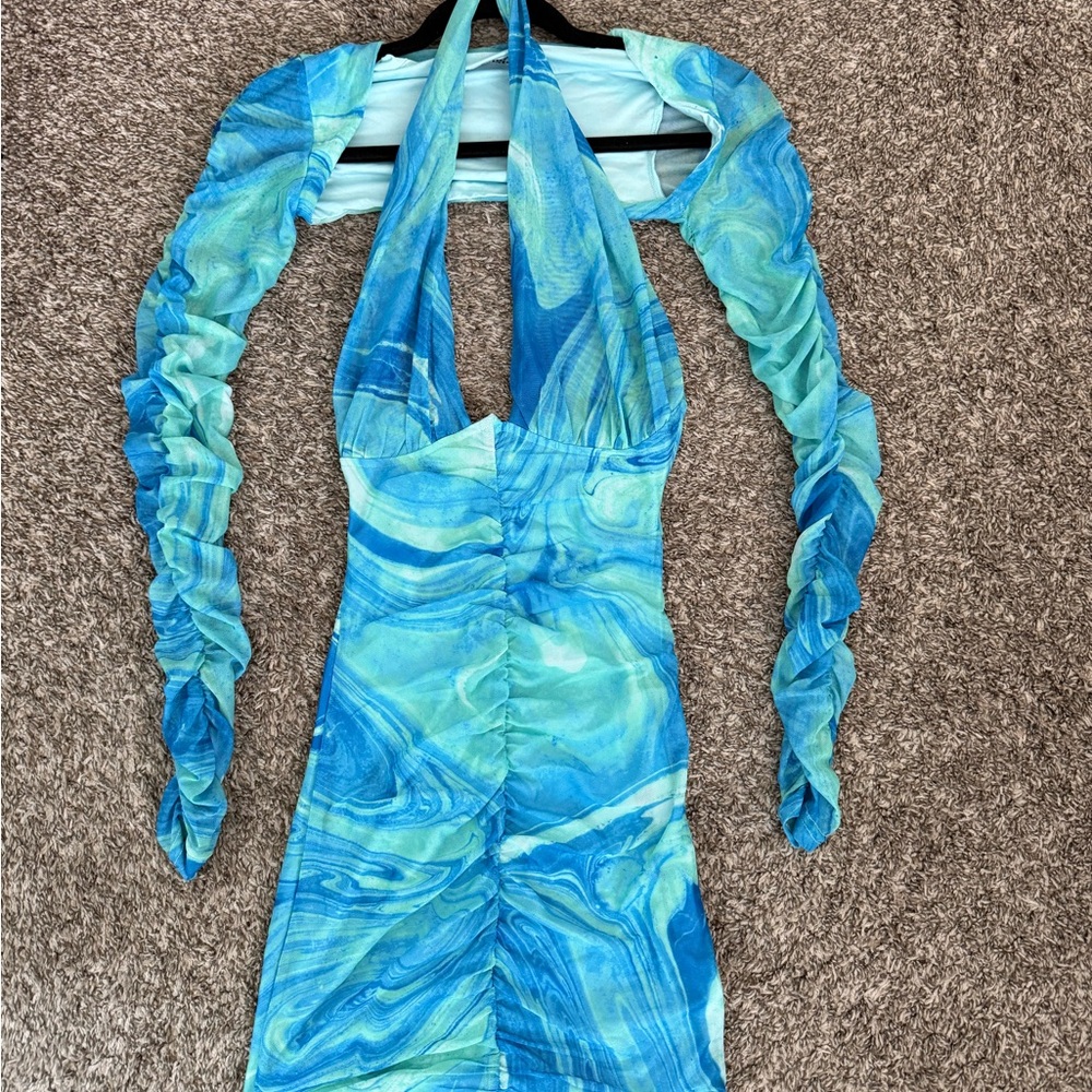 Tiger Mist Blue and Green Halter Dress with Matching Shrug